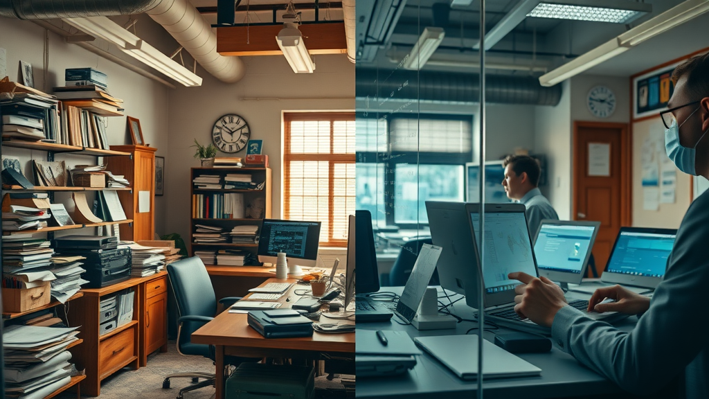 split view showing traditional seo with paper clutter vs ai-powered digital workspace with business experts using ai tools