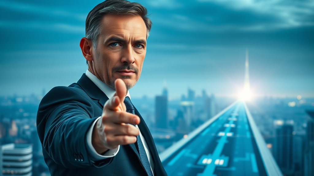 business leader at a crossroads, reaching toward a digital path symbolizing ai seo advancement, digital data streams and city skyline in background