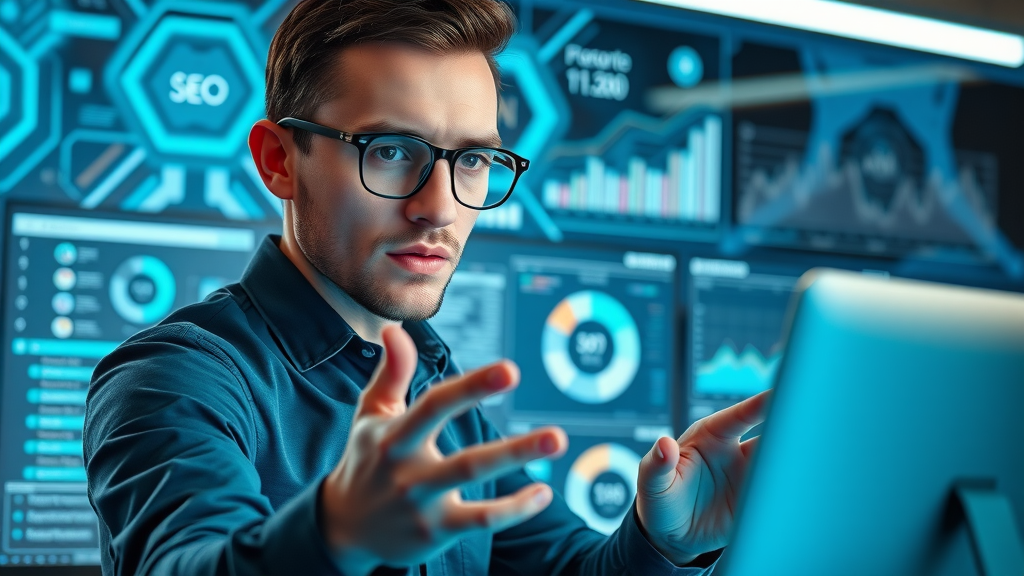 ai seo tool dashboards with seo specialist evaluating features; interactive data visuals and digital graphs highlighted
