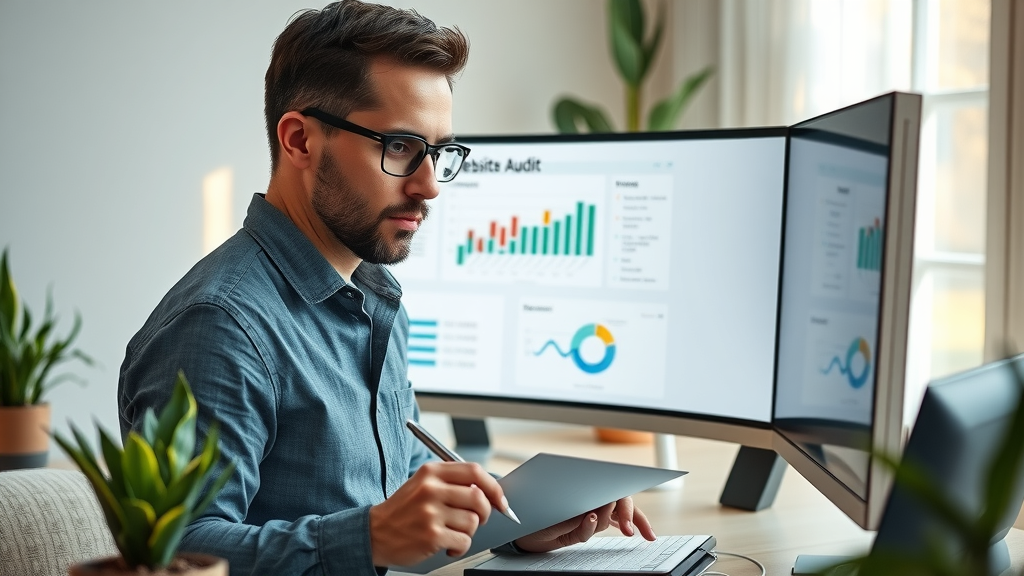 marketer analyzing website audit dashboard using ai seo tool in a modern home office