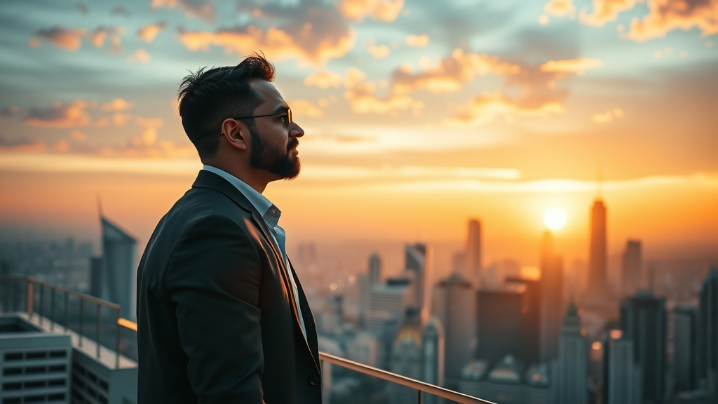 business owner on rooftop at sunrise, overlooking digital cityscape with seo icons and data streams