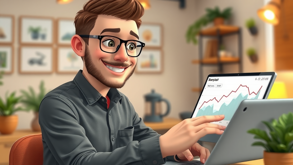small business owner with ai dashboard, viewing improving site stats in a cozy office
