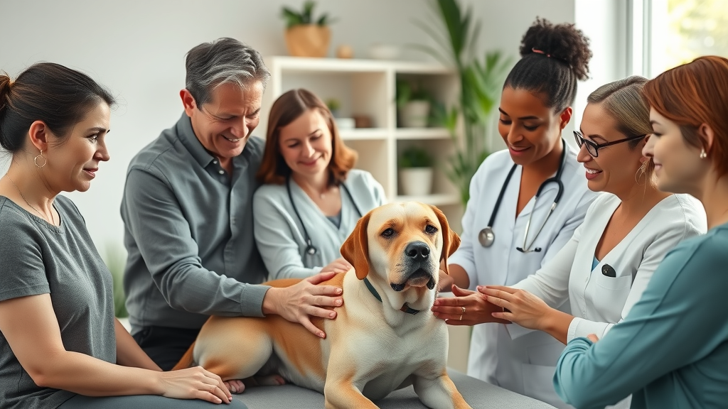 Chiropractic holistic care team supporting patient and dog in calming wellness clinic.