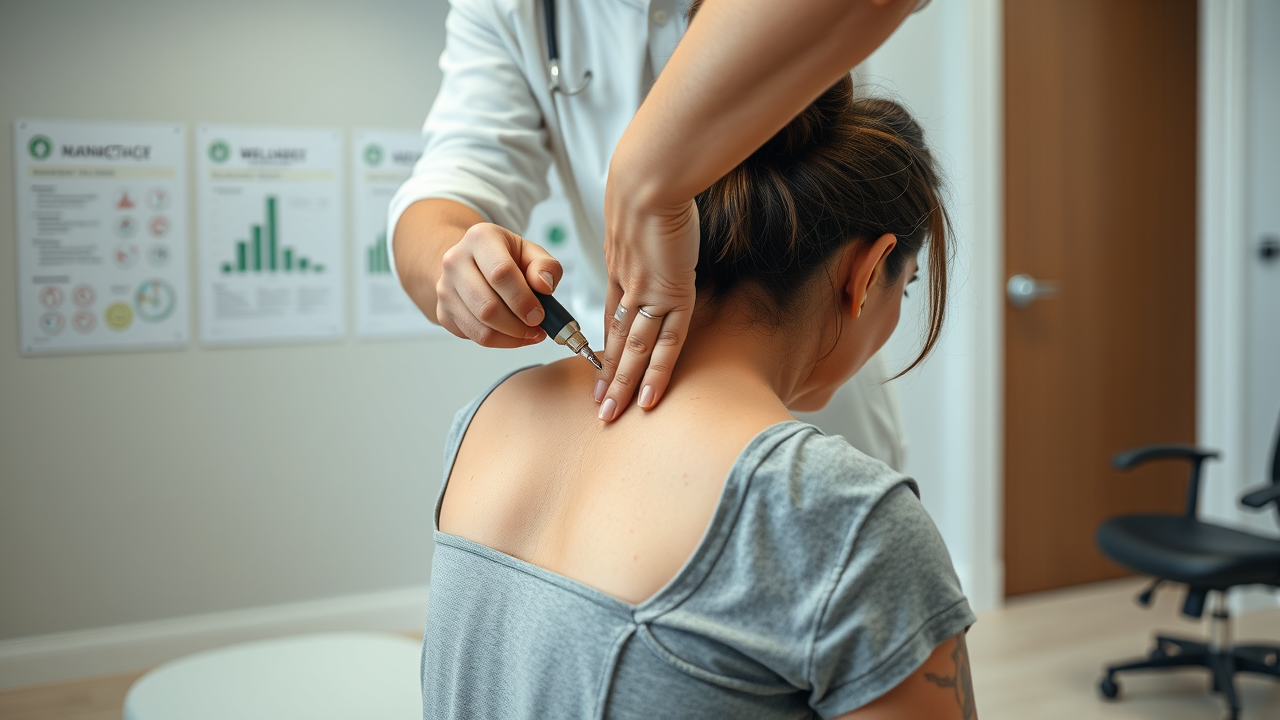 A doctor performs a spine examination on a seated female patient at a medical clinic.