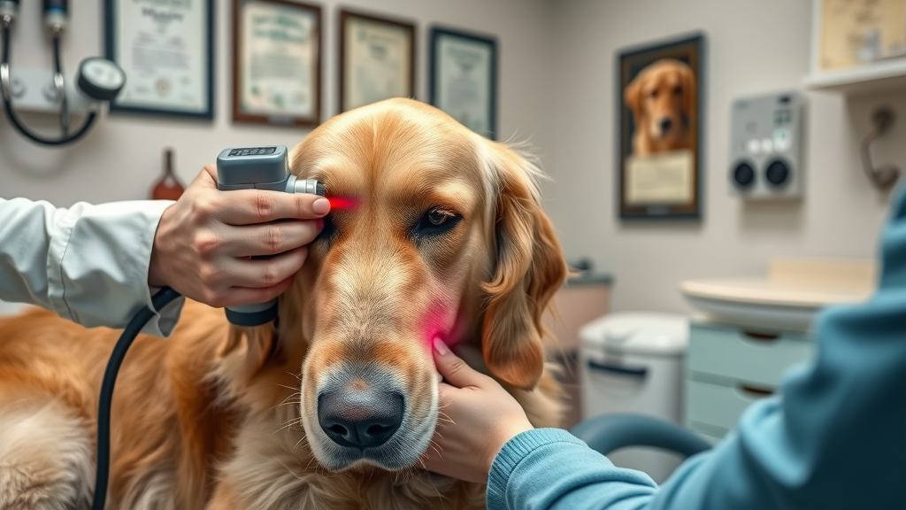 Veterinarian chiropractor using laser therapy on dog for animal health