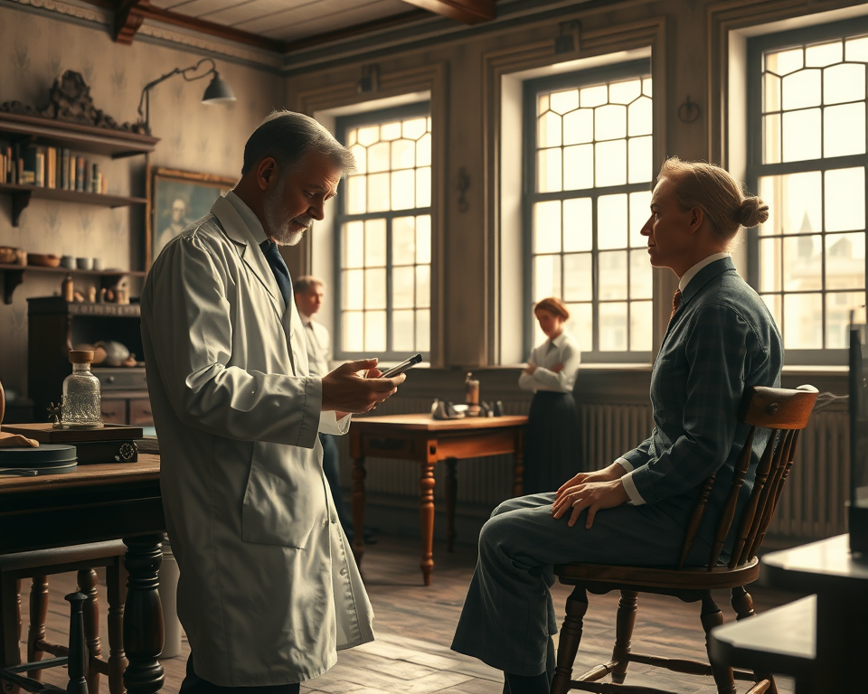 Classical homeopathy historical clinic interior showing traditional 19th-century homeopath attending patient