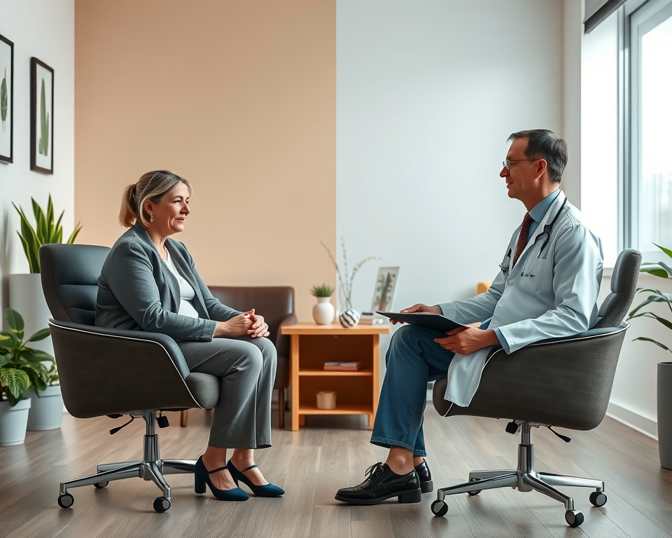 Classical homeopath and conventional doctor consulting different patients in contrasting clinical settings