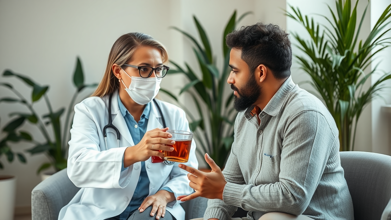 Homeopath consulting patient about health strategies during pandemic in bright, plant-filled consultation space