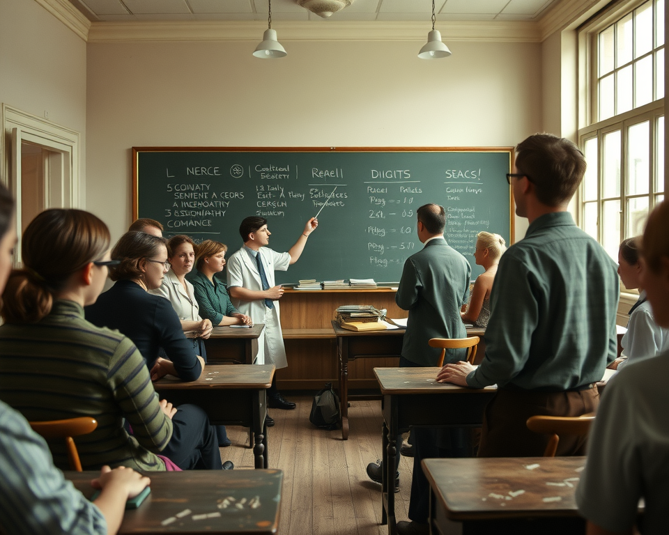 Vintage American medical classroom with students learning homeopathy in the 1920s