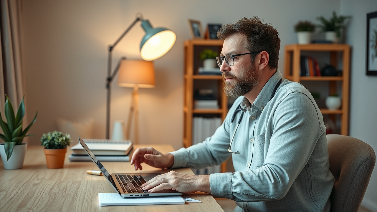 Professional homeopath conducting virtual consultation in a warm, welcoming home office