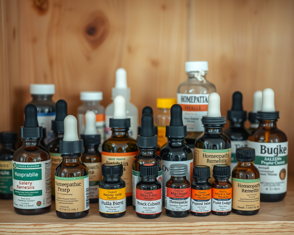Collection of classical homeopathy remedies in small labeled bottles on wooden shelves