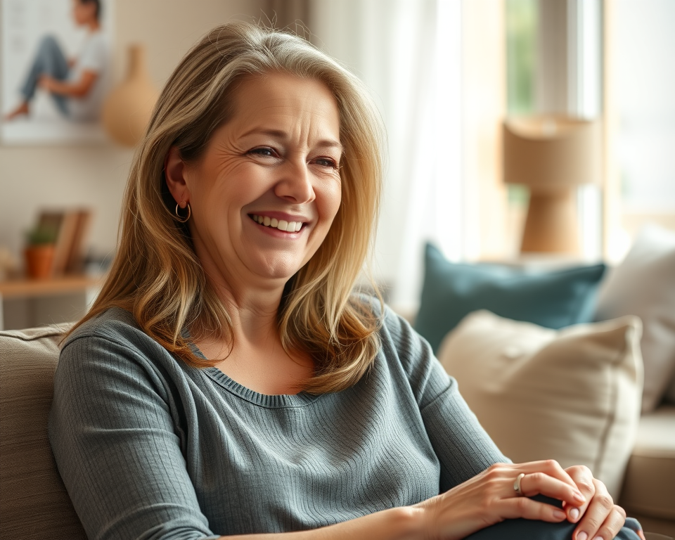 Middle-aged woman smiling with relief, experiencing benefits of classical homeopathy