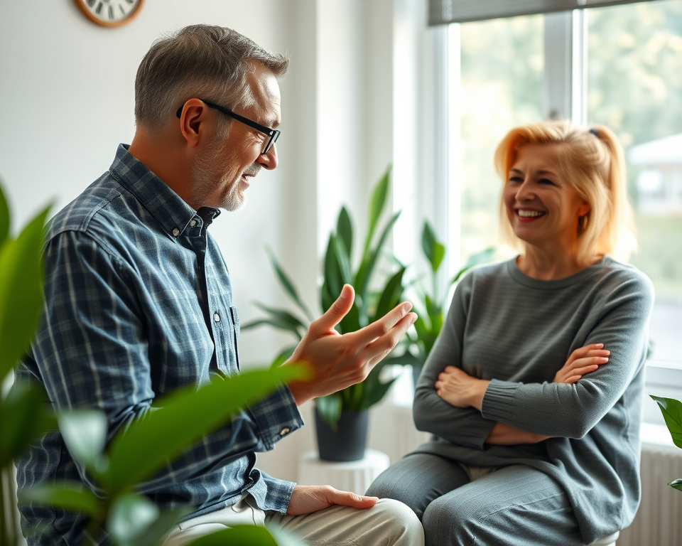 Homeopath providing expert guidance in a modern, light-filled office to an attentive patient